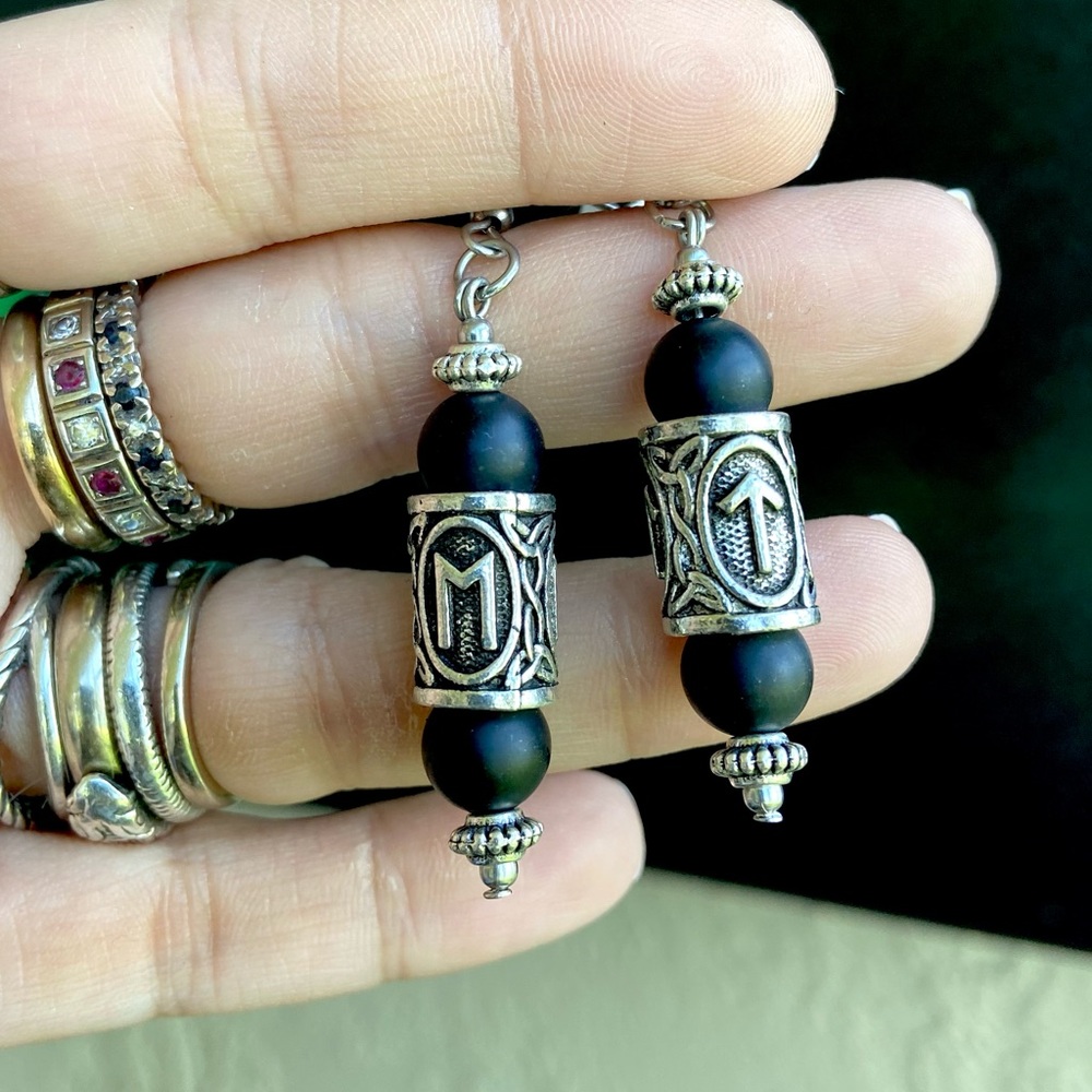 Matte Black onyx viking celtic runes dangly stainless steel post hooks earrings - Picture 8 of 9